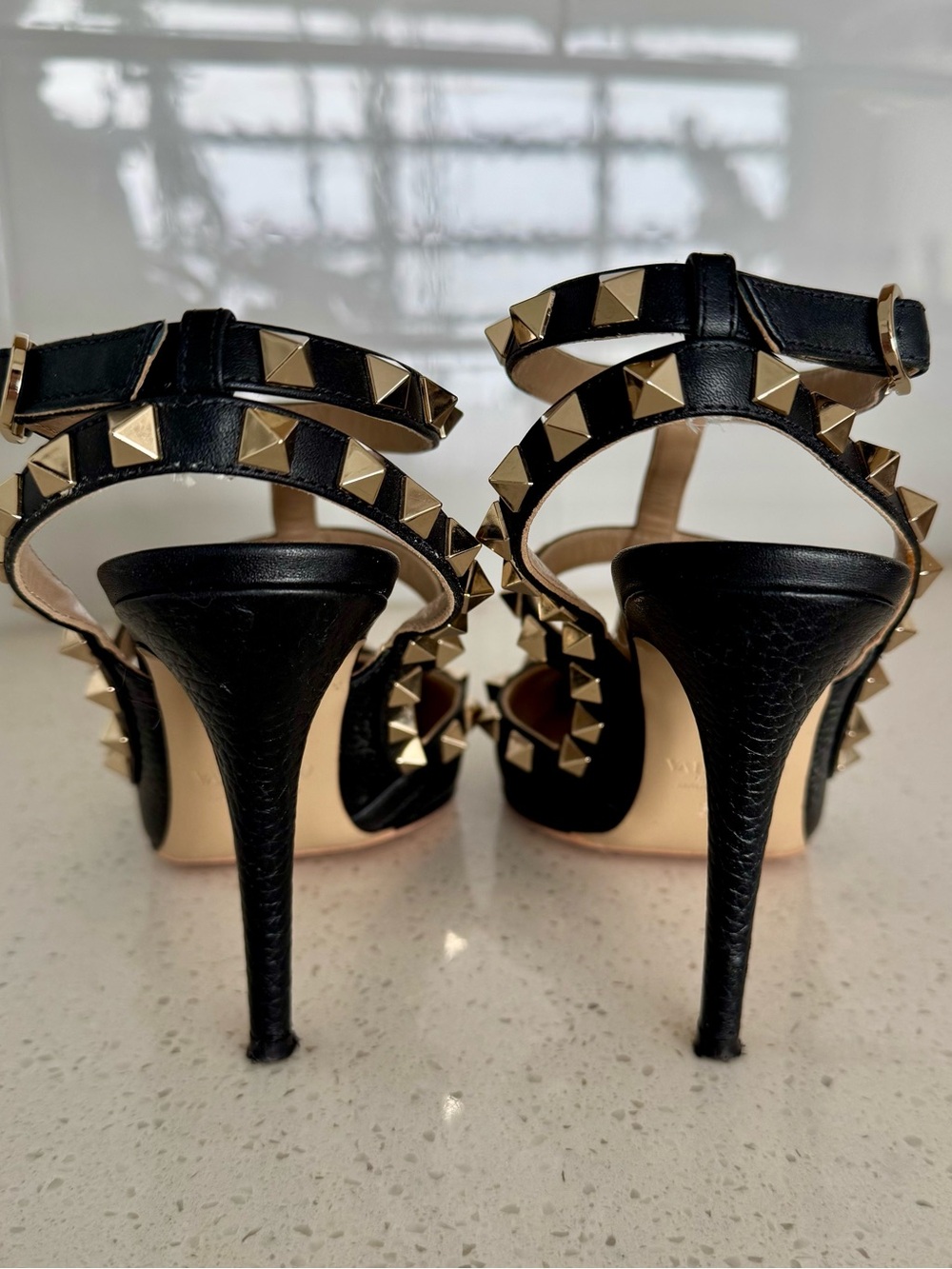 Valentino Black Leather T-Strap Rockstud Heels with Gold Studs - Picture 4 of 6